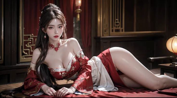 extremely detailed CG unity 8k, Highly detailed, photorealistic, high resolution, 1 girl, solo, hips up, beautiful eyes, long hair, deep-off-shoulder warm red wedding hanfu with crown and crystal ornaments, Chinese Huadian, gorgeous accessories, wearing pe...