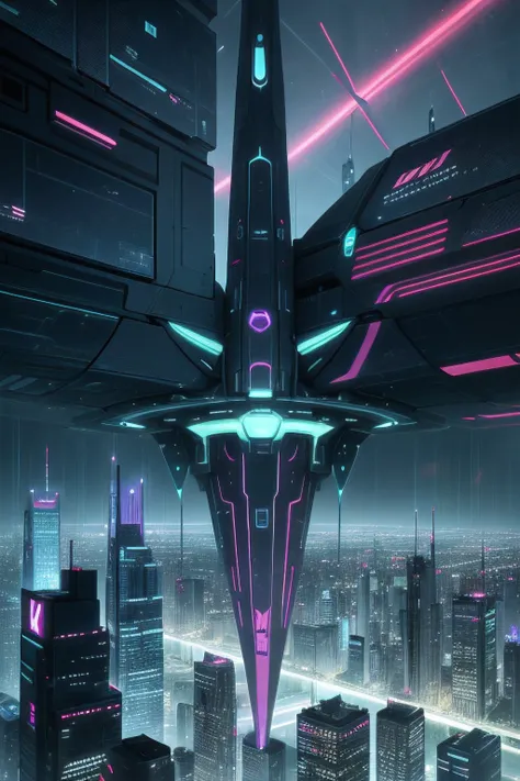 Create an aerial image of a futuristic city, Full of futuristic buildings with highly stylized designs that defy gravity. With flying transport vehicles. Todo en tonos azules, Green and purple in the rain with flashes of neon and durable style. hiperrealis...