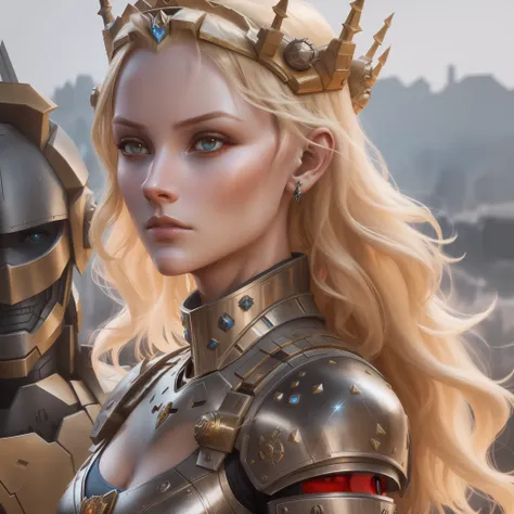 blond woman in armor with a crown and a sword, portrait of a cyborg queen, girl in knight armor, wojtek fus, karol bak uhd, 3 d render character art 8 k, portrait armored astronaut girl, cyberpunk robotic elvish queen, cgsociety masterpiece, girl in mecha ...