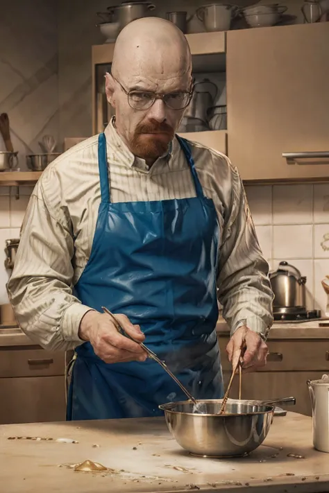 Walter white stirring a bowl of pancake batter, on the kitchen counter , 3d render,24fps, realistic, highly detailed, hyper detailed,4k, photo realistic