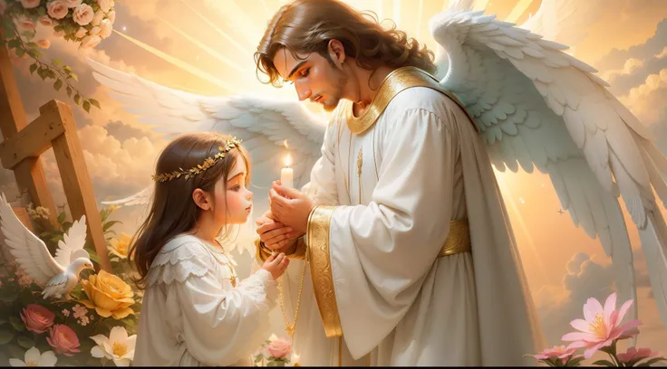 Close up de uma imagem do homem anjo, Archangel St. Raphael praying and blessing a child, com belas asas grandes e bonitas, perfeito, Reslistic, Biblical setting, celestial scenery, sol e nuvens ultras realistas, scenery with flowers and candles, Archangel...