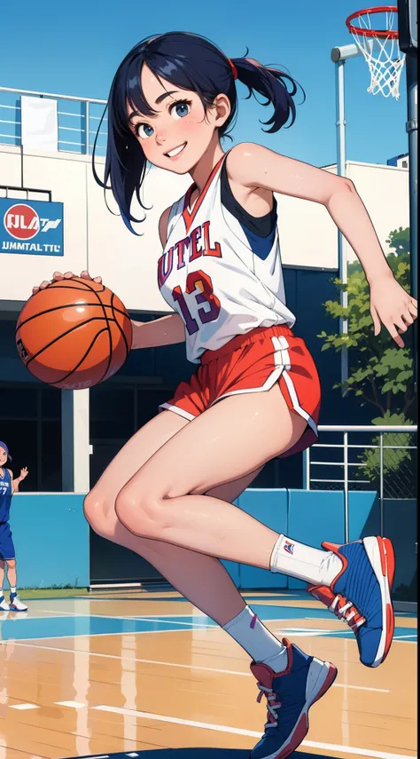 masterpiece,ultra-detailed,ultra quality, illustration, ,simple eyes, beauty face, cute face, colorful hair, 1girl,smile,basketball player,basketball uniform,(basketball court),sweaty skin,(full body),(jump:1.3),parfect anatomy