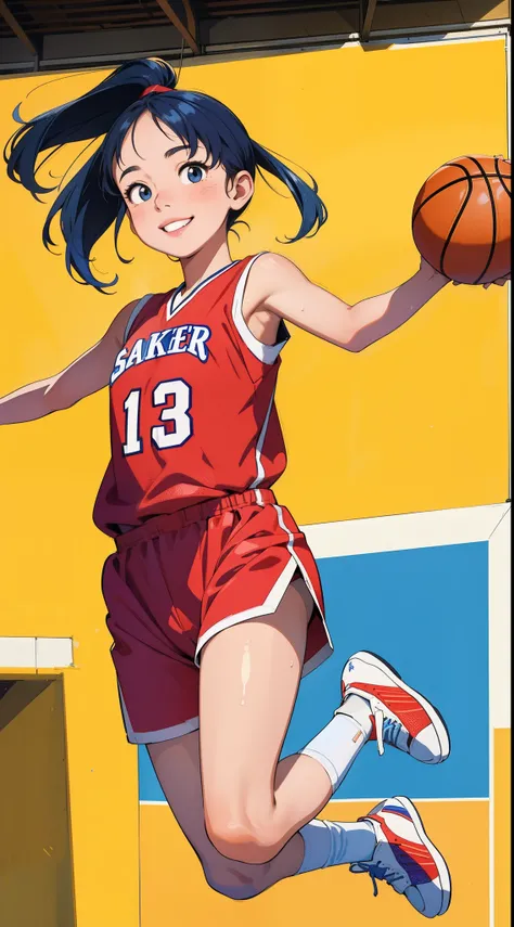 masterpiece,ultra-detailed,ultra quality, illustration, ,simple eyes, beauty face, cute face, colorful hair, 1girl,smile,basketball player,basketball uniform,(basketball court),sweaty skin,(full body),(jump:1.3),parfect anatomy