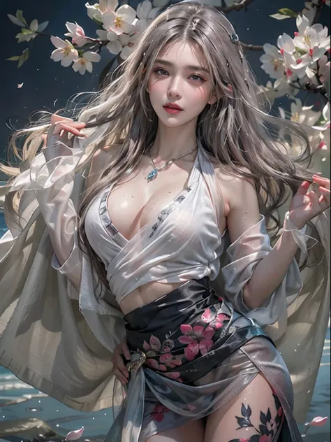 Photorealistic, High resolution, Soft light,1womanl, Solo, hips up high, glistning skin, (Detailed face),The tattoo, Jewelry, Dark see-through hanf, cherry blossom, Night, White wavy hair, Beautiful Soldier, An eye that invites the viewer, Lovers perspecti...