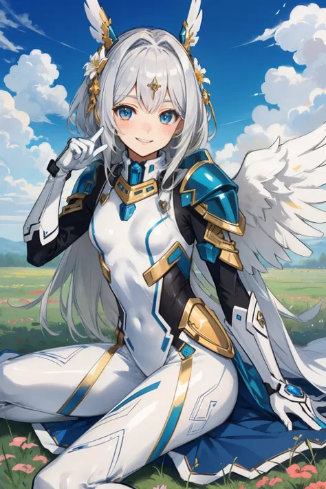 (​master piece, Best Quality),  Intricate details, valkyrie, kawaii, (((friendly smile))), Hand up, Looking at Viewer, Feather Headgear, Flower meadow, (((flat breast)))  on top of the clouds, sitting
1 girl in, Solo, Portrait, Plutinum Blonde Hair, droopi...