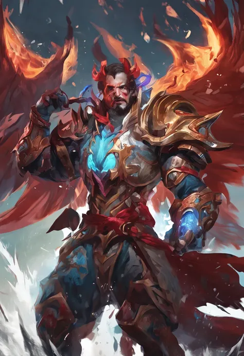 half dragon, Man, horned, quimono, macho, master part, RPG, fire, League of Legends arte splash, Posar, Serious, olhos vermelhos, arte splash, beautiful face, arte digital, human face