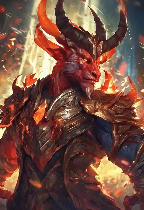 half dragon, Man, horned, quimono, macho, master part, RPG, fire, League of Legends arte splash, Posar, Serious, olhos vermelhos, arte splash, beautiful face, arte digital, human face