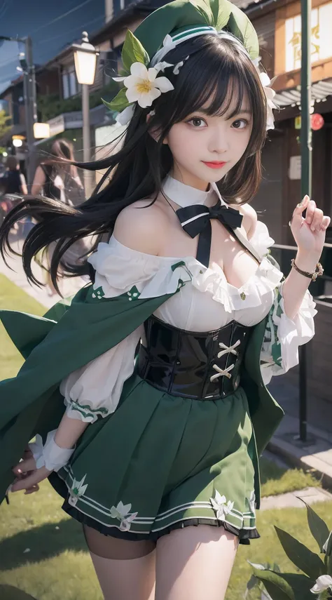 1girl, venti, from genshin inpact, cute hot, happy, green eyes sakura, long black hair, attribute full white and green and black...