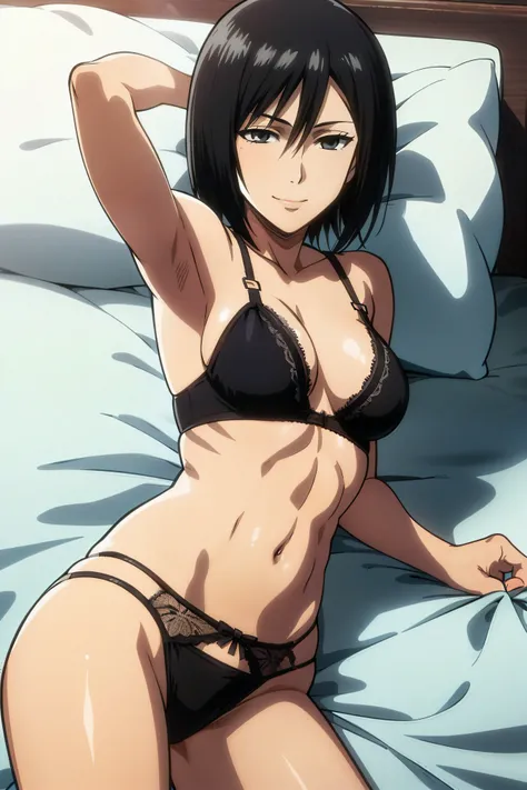 Dazzling, Armpits, intricate detailes, 1girl in, Mikasa Ackerman, (A dark-haired:1.3), hair between eye, short-haired, sideburns, s lips, shut, Yui, s lips, ​masterpiece, best qualtiy, hason, Baezon, Black eyes,Black eyes, muscle, medium breasts, gently sm...