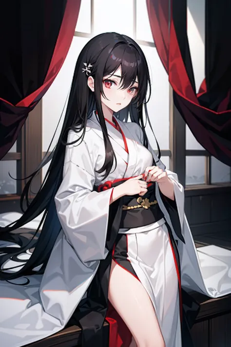 1girl, long black hair, white kimono, pale skin, flat chest, short, hair over eyes, eyes covered