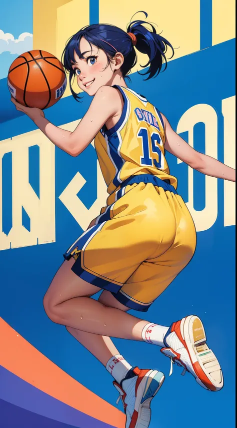 masterpiece,ultra-detailed,ultra quality, illustration, ,simple eyes, beauty face, cute face, colorful hair, 1girl,smile,basketball player,basketball uniform,(basketball court),sweaty skin,(full body),(jump:1.3),parfect anatomy,from behind,(Uplifting)