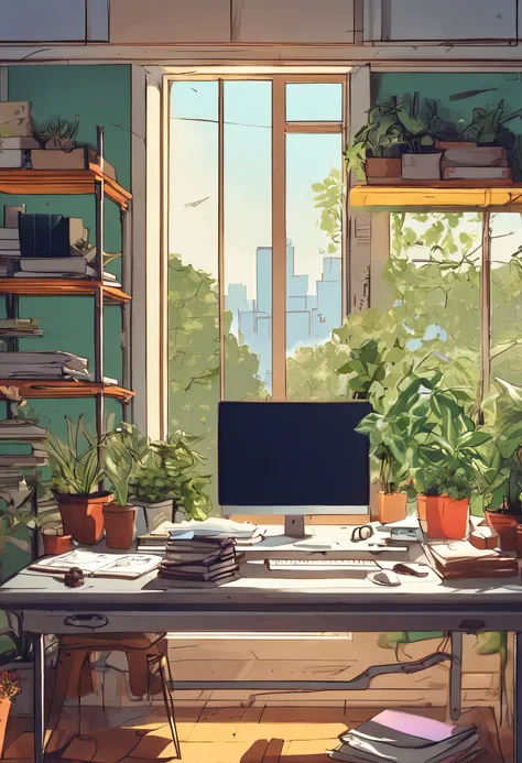 an artist desk with plants, books, paper, laptop, shelf, drawers, with a view to a green urban scenery