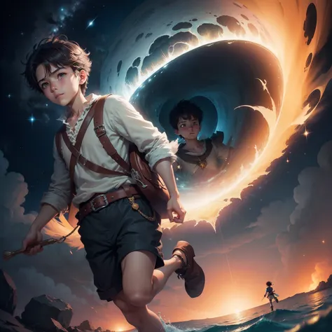 Create an illustration that shows the boy advancing into the heart of the Treasure Island of Imagination, with the Star of Hope shining brightly in the night sky. He must be determined and courageous, reflecting his journey to this point.