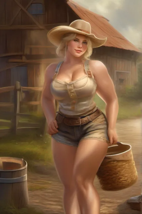 masterpiece, best quality, cowboy shot, 1girl, hat, Blonde hair, Blue eyes, Pale skin from behind, wide hips, from behind, bending over with a bucket of water in hand, outside at a barn, farm, 1800s farm, Thick in all the right places, D-cup round breasts,...