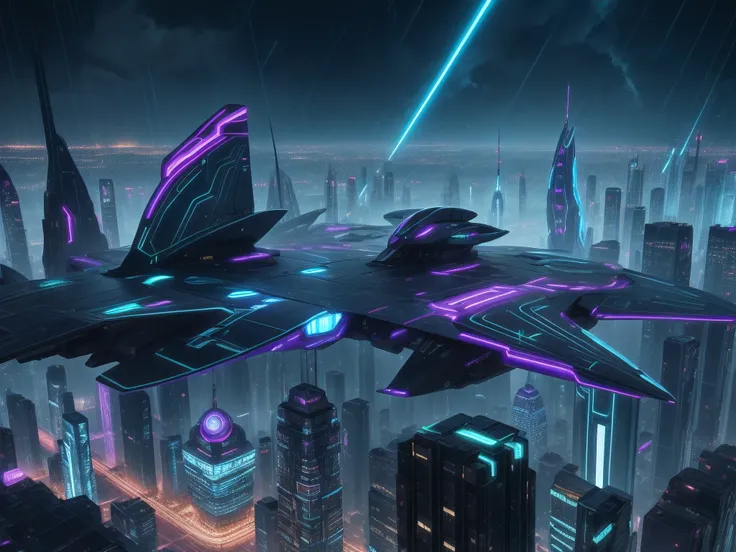 Create an aerial image of a futuristic city, Full of futuristic buildings with highly stylized designs that defy gravity. With flying transport vehicles. Todo en tonos azules, Green and purple in the rain with flashes of neon and durable style. hiperrealis...