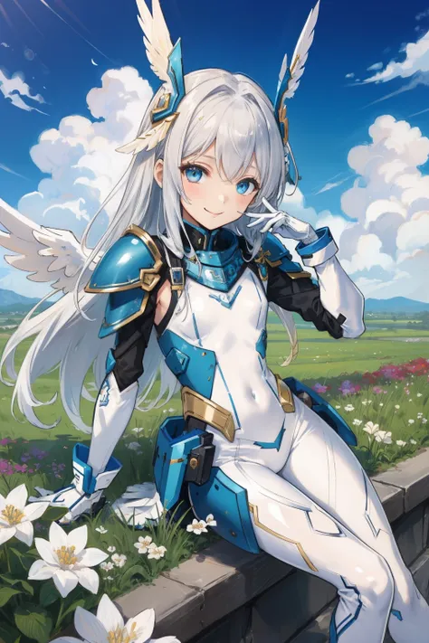 (​master piece, Best Quality),  Intricate details, valkyrie, (((friendly smile))), Hand up, Looking at Viewer, Feather Headgear, Flower meadow, (((flat breast)))  on top of the clouds, sitting
1 girl in, Solo, Portrait, Plutinum Blonde Hair, drooping  eyes...