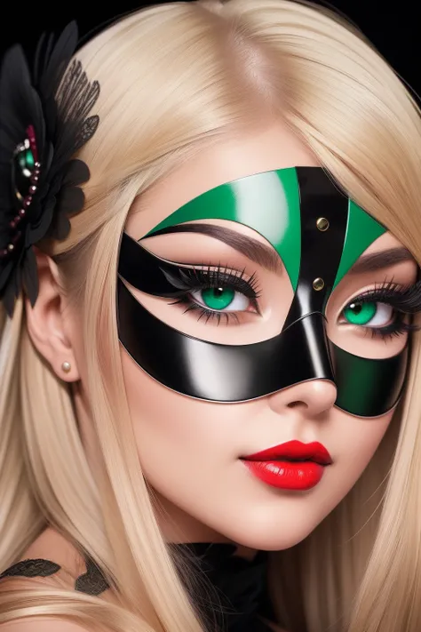 A closeup portrait of a beautiful woman wearing an oriental fetish mask, detailed black mascara, green eyes, red lipstick, blond hair