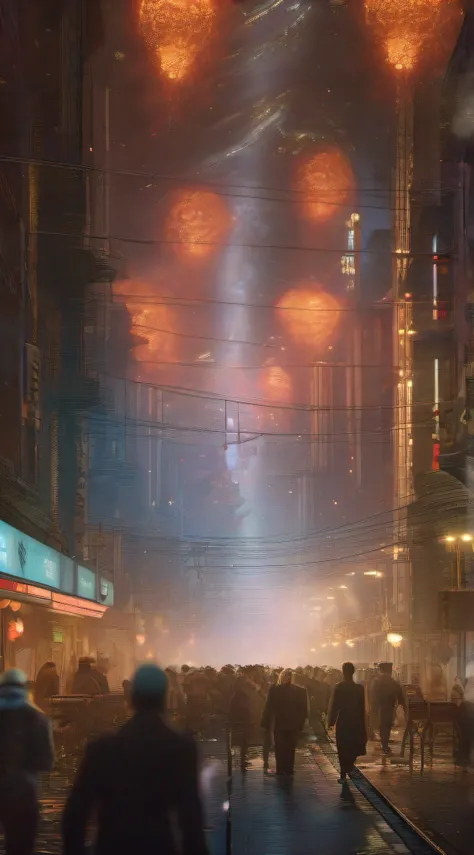 Cenas de caos se desenrolam: Explosions light up the night sky, panicked crowds rush through the streets, tentando escapar, cinematic, 4k, epic Steven Spielberg movie still, sharp focus, emitting diodes, smoke, artillery, sparks, racks, system unit, mother...