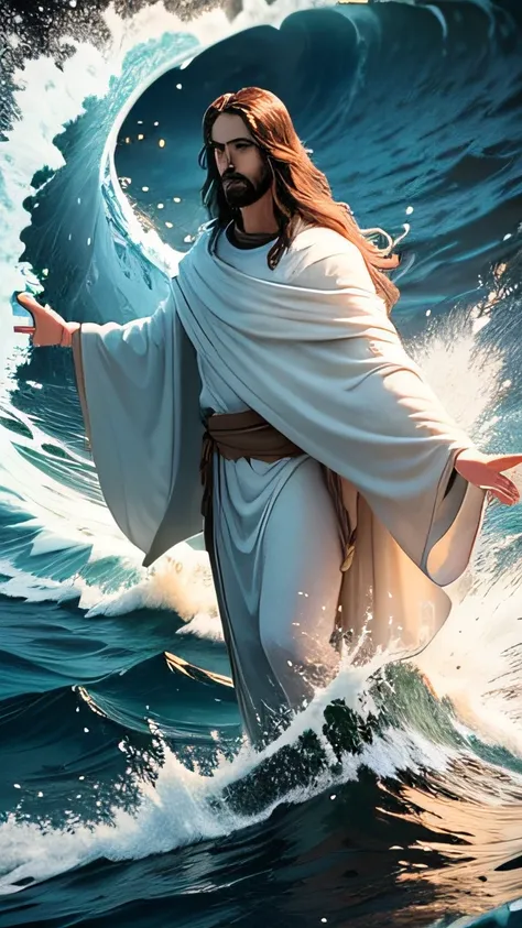 An image of Jesus Christ in high definition that conveys serenity and compassion, In the image Jesus Christ is to be portrayed in a respectful and reverent manner with arms outstretched, irradiando luz colorida em ondas. Some waves are chaotic, outras harm...