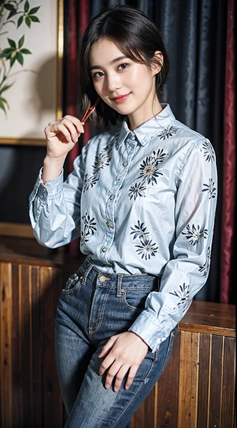 (Masterpiece)、(High-quality photos)、ultra-detailliert、((1beautiful woman))、((Jeans - Wear jeans))、((Long sleeve shirt with floral pattern))、((Black Shorthair))、((A slight smil)))、((paprika))