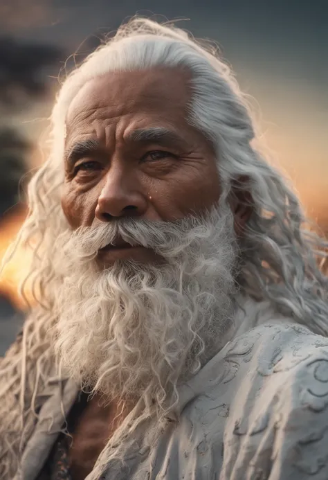 A Wise, Resilient Man with White Hair and Beard on the Beach Tells a Story .Miki Asai Photography, Highly Detailed, Trending on Artstation, Sharp Focus, Studio Shot, Intricate Detail, Highly Detailed, by Greg Rutkowski