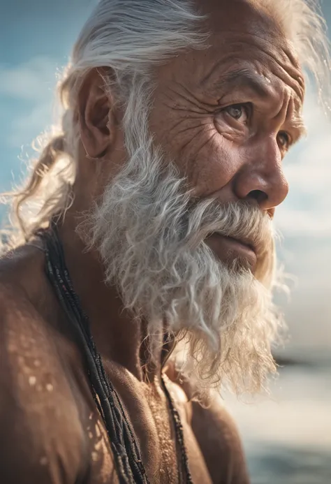 A Wise, Resilient Man with White Hair and Beard on the Beach Tells a Story .Miki Asai Photography, Highly Detailed, Trending on Artstation, Sharp Focus, Studio Shot, Intricate Detail, Highly Detailed, by Greg Rutkowski