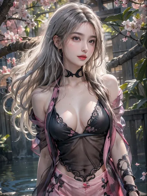 Photorealistic, High resolution, Soft light,1womanl, Solo, hips up high, glistning skin, (Detailed face),The tattoo, Jewelry, Dark see-through hanf, cherry blossom, Night, White wavy hair, Beautiful Soldier, An eye that invites the viewer, Lovers perspecti...