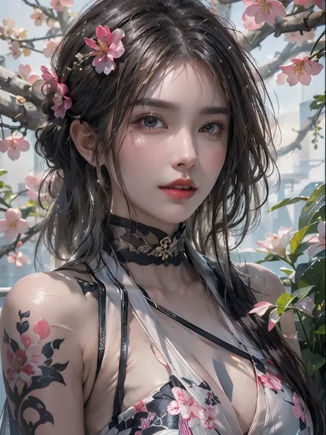 Photorealistic, High resolution, Soft light,1womanl, Solo, hips up high, glistning skin, (Detailed face),The tattoo, Jewelry, Dark see-through hanf, cherry blossom, Night, White wavy hair, Beautiful Soldier, An eye that invites the viewer, Lovers perspecti...