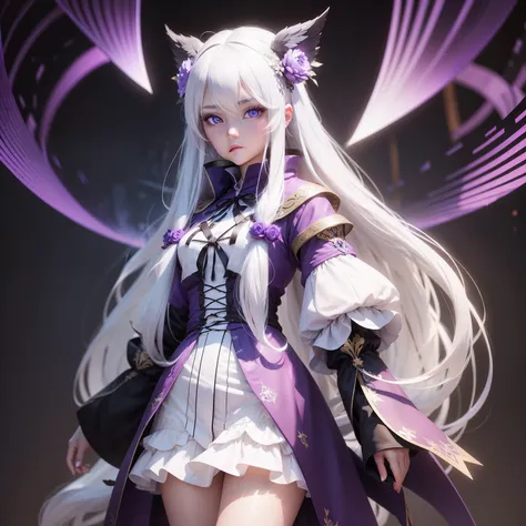 one-girl，Long white hair，The eyes are blue，quadratic element，Purple robe added。.3D