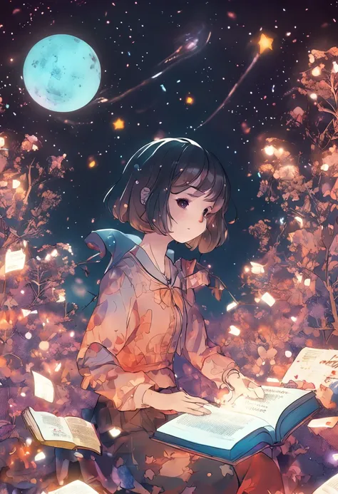 Collage,  fantasy, 32-bit, 35-70 mm,logo, emphasis lighting, spectral color, pencil drawing, The book effect, anime big breast, cheesy, Cute panda illuminated by a million stars on winding paths