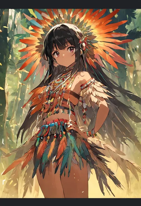 a native Brazilian indigenous She is standing, in a rainforest setting, She also wears necklaces and bracelets made of seeds and shells, that symbolize the connection with nature. Her dark hair is adorned with multicolored feathers, exibindo sua cultura e ...