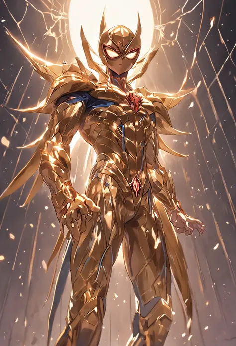 Sagittarius Golden Saint Seiya weairing spiderman suit，Full body like，combats，Close-up，of a real，Facial features are carefully depicted，Realistic skin texture，Dark style，depth of fields，high light，Real light，Ray traching，oc rendered，Hyper-realistic，best qu...