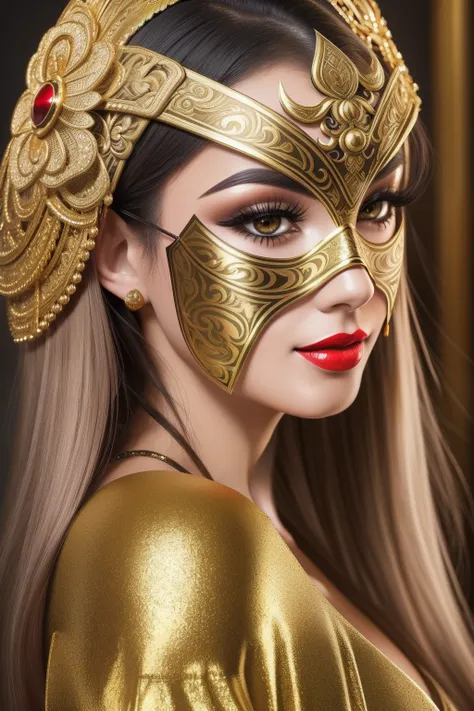 A close-up portrait of a beautiful woman wearing a thick metallic oriental mask, metallic golden mask, fetiche, Thick black and detailed mask, eye reflection, olhos verdes, Red lipstick, cabelos pretos