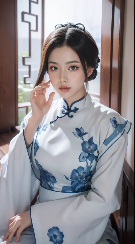 blue and white porcelain style，chinese white cheongsam，the white cheongsam is decorated with a blue and white pattern，ancient ch...