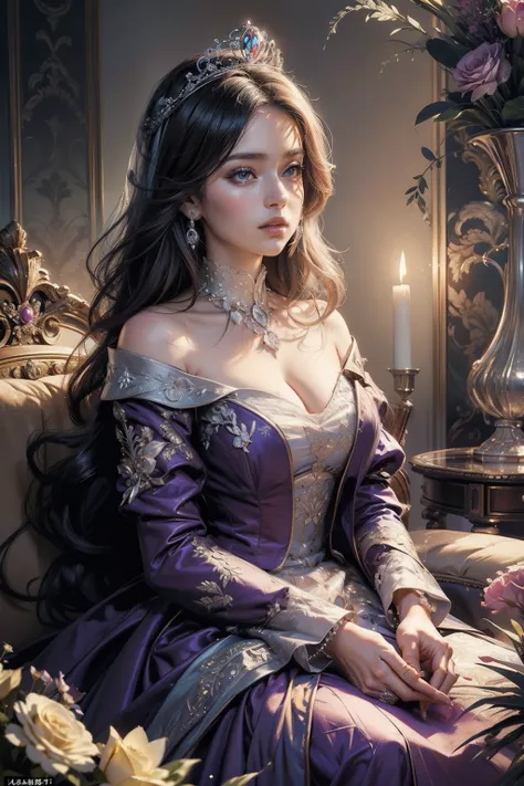 (Masterpiece, Top quality, Best quality, offcial art, Beautiful and aesthetic:1.2), (1 mature girl), Cute, extreme detailed details, Colorful, highest details, royal, Princess, crown, Flower garden, Purple dress at a royal wedding