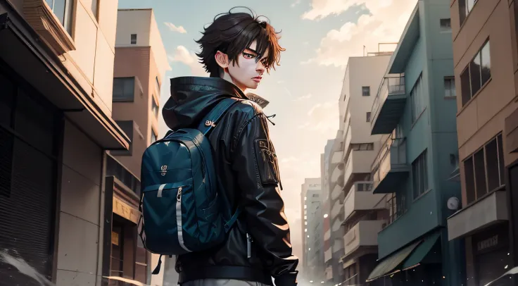 Brunette and backpack looking out the window at anime boy, young anime man, Badass anime 8 K, Anime moe art style, inspirado em Okumura Masanobu, Tall anime guy with blue eyes, Anime art wallpaper 8 K, Guviz-style artwork, style of anime。A lost soul，Brunet...