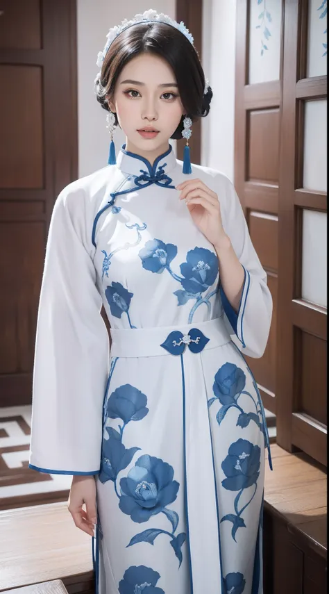 Blue and white porcelain style，Chinese white cheongsam，The white cheongsam is decorated with a blue and white pattern，ancient china art style，Fashion model 18 years old [[[[closeup cleavage]]]], [[[[boobgasm]]]], [[[[coll]]]], [[[[bshoulders]]]], perfect  ...