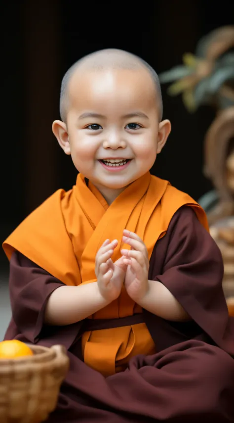 A little monk with a toddler，had his hands folded，sit with legs crossed，Orange monk robe，Perfect facial features，face to the viewer，with black background