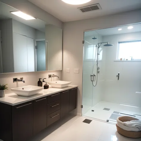 scandi bathroom with Brushed Metal Fixtures and Minimalist Lighting