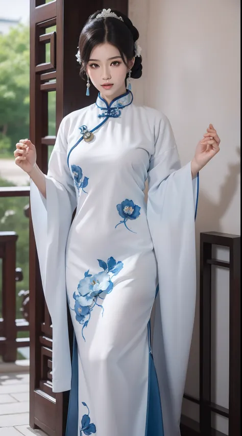 blue and white porcelain style，chinese white cheongsam，the white cheongsam is decorated with a blue and white pattern，ancient ch...