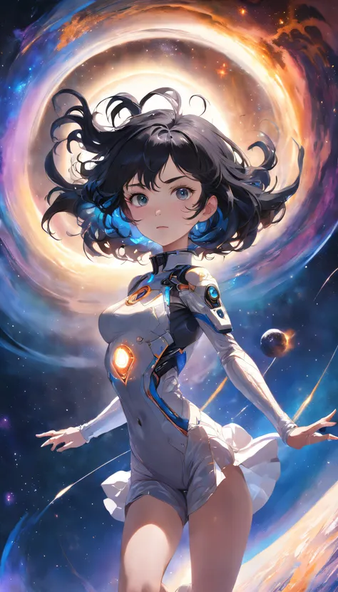 (Full body posing:1.5), (colorful:1.2), Dynamic angle, (extremely detailed CG unity 16k wallpaper:1.1), (Denoising strength: 1.45), (tmasterpiece:1.37), Portrait of a young woman with black hair in zero gravity, The background of the Milky Way and the supe...