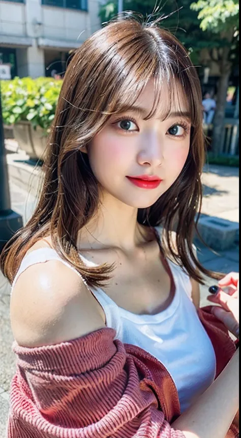 top-quality、超A high resolution、(Photorealsitic:1.4)、(1 girl:1.5)、kawaii eyes、Black eyes、二重まぶた、off shoulder shirt、tight skirts、(dark brown hair:1)、looking at viewert、a closeup、(cafes:1.2)、Light pink lips