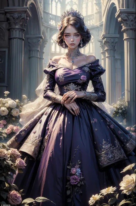 (Masterpiece, Top quality, Best quality, offcial art, Beautiful and aesthetic:1.2), (1 mature girl), Cute, extreme detailed details, Colorful, highest details, royal, Princess, crown, Flower garden, Purple dress at a royal wedding