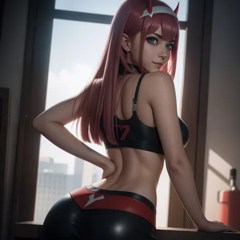 ((Zero Two Darling en el Franxx)), 8k, ((view from behind)), Obra maestra, smile to camera, La mejor calidad, fotorrealista, Ultra detallado, 1 girl, textura realista de la piel, senos grandes, Mira hacia el espectador, , Camiseta suelta medio corte,, Unde...