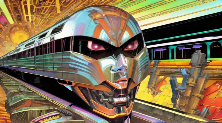 a close up of a train with a face on the front of it, by Jodorowsky, symmetry!! portrait of cyborg, portrait of metallic face, panfuturism, chrome face symmetry, robot face, face of an armored villian, jodorowskys robocop, inspired by Jodorowsky, chrome ma...