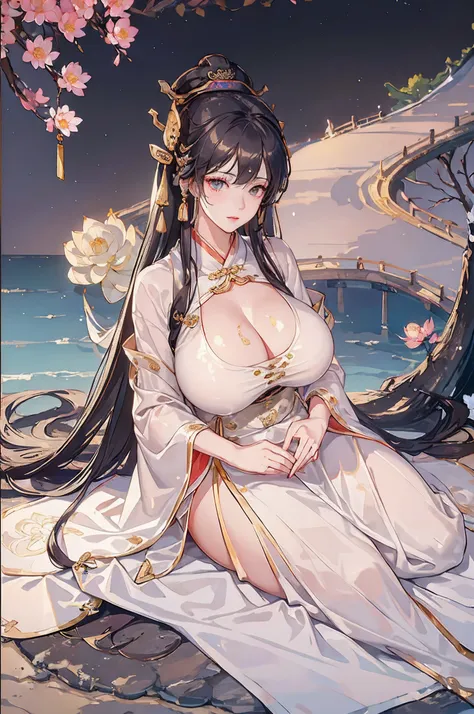 Best picture quality，8K, )，(Close-up)，(Han clothing, Hanfu :1.5)，(Guanyin Bodhisattva)，，White silk robe，white legwear，white ribbons，White veil，pale white face，Long dark hair，Black pupils，Meditate cross-legged，（（super gigantic breasts）)， mothers，((Minimalis...