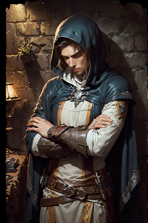 (superfine illustration, Best Quality, Ultra-detailed, Correct delineation, Perfect fingers, Perfect hands, Medieval fantasy illust:1.5), (mysterious assassin, Male Focus, Solo, atmosphere that makes it difficult to talk:1.5), fold his arms, pretend to sle...