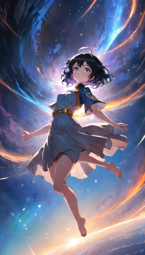 (Full body posing:1.5), (colorful:1.2), Dynamic angle, (extremely detailed CG unity 16k wallpaper:1.1), (Denoising strength: 1.45), (tmasterpiece:1.37), Portrait of a young woman with black hair in zero gravity, The background of the Milky Way and the supe...