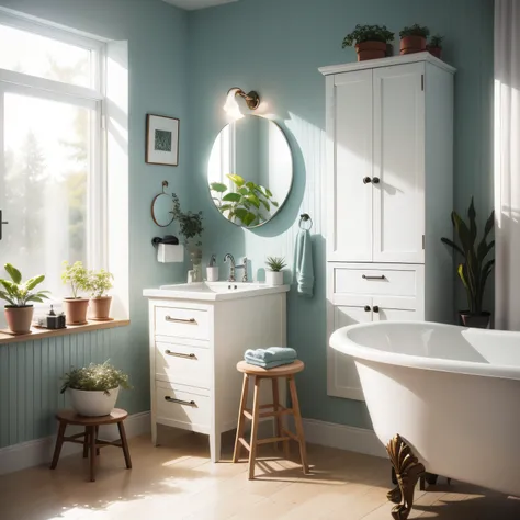 scandi bathroom with Plants, Scandinavian Art, and Freestanding Stool