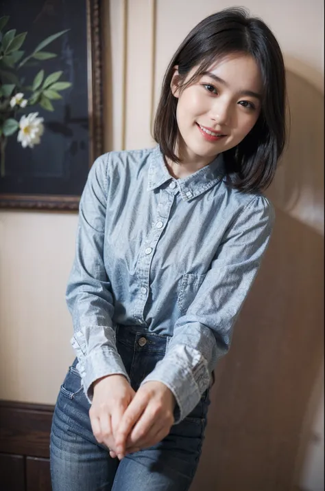 (Masterpiece)、((High-quality photos))、ultra-detailliert、((1beautiful woman))、((Jeans - Wear jeans))、((Long sleeve shirt with floral pattern))、((Black Shorthair))、((A slight smil)))、((Have paprika))